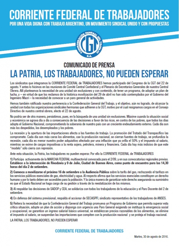 La Patria, los trabajadores no pueden esperar